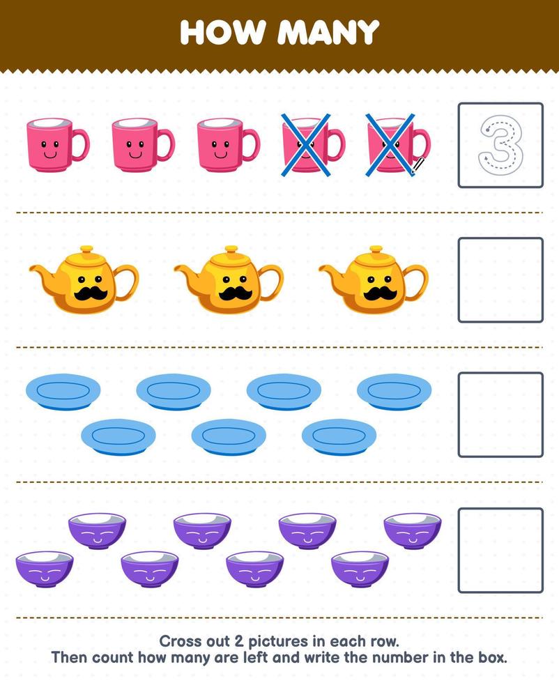 jeu d'éducation pour les enfants comptez combien de dessin animé mignon tasse théière assiette bol et écrivez le nombre dans la boîte feuille de calcul de l'outil imprimable vecteur