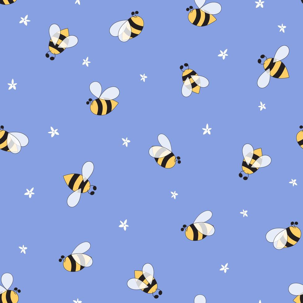 conception de tissu sans couture de modèle d'insectes de fleurs avec l'abeille volante florale simple sur le fond bleu. modèle d'été mignon dessiné à la main répété conception textile tissu papier peint papier d'emballage. illustration d'abeille vecteur