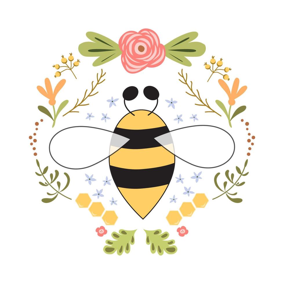 conception d'étiquettes d'abeilles. concept pour les produits de miel biologique, la conception de l'emballage, l'impression, le symbole, l'insigne. fleurs mignonnes feuilles nid d'abeille abeille isolé sur blanc. couleurs estivales vives. illustrations d'animaux mignons. vecteur