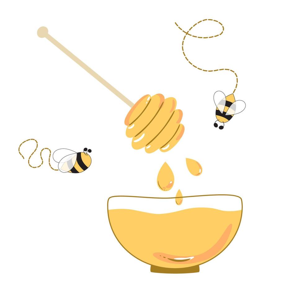 bol de miel, abeille mignonne, louche en bois, gouttes de miel isolées sur fond blanc. apiculture dessinée à la main, illustration de rucher. couleurs jaunes. vecteur