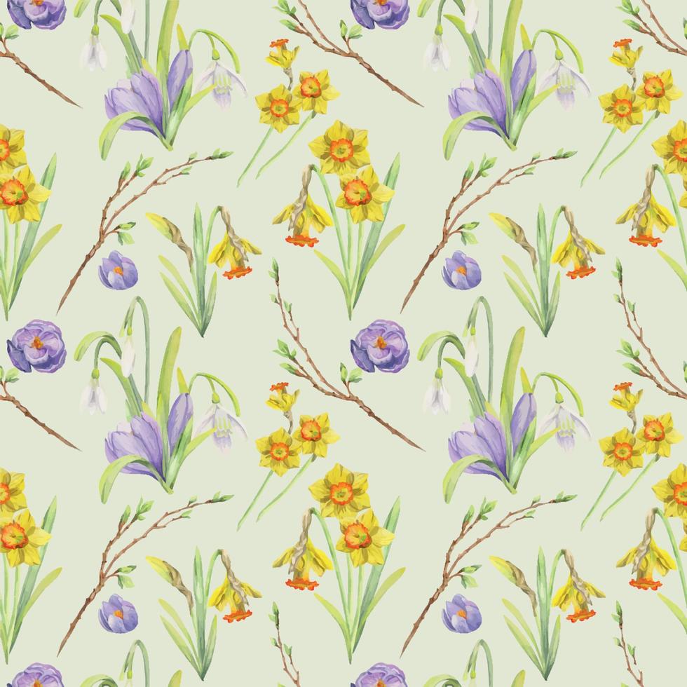 motif harmonieux dessiné à la main à l'aquarelle avec fleurs printanières, jonquilles, crocus, perce-neige. isolé sur la conception de fond blanc pour les invitations, mariage, cartes de voeux, papier peint, impression, textile. vecteur