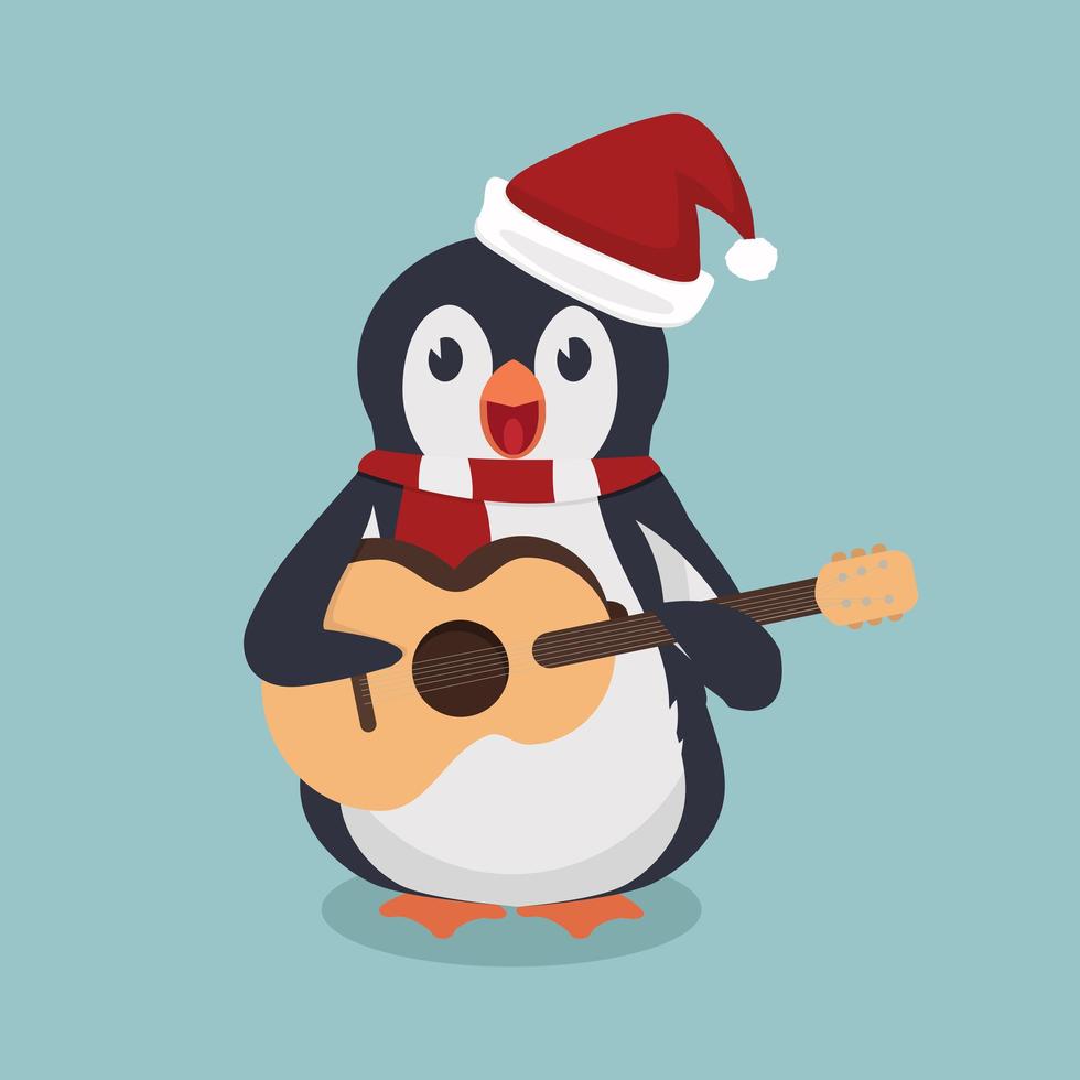 pingouin portant chapeau et écharpe avec guitare vecteur