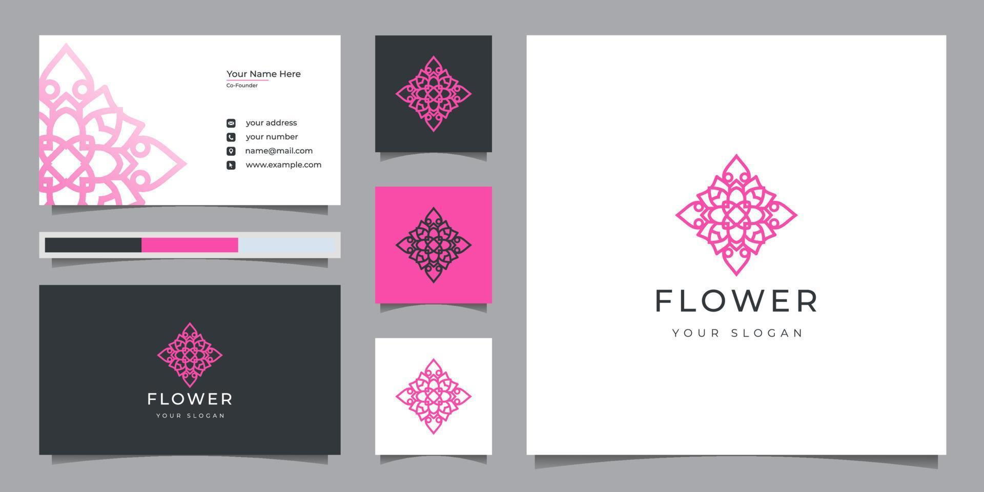logo de fleur de mandala avec carte de visite adaptée au salon de beauté, à la mode, aux soins de la peau, aux cosmétiques, au yoga vecteur