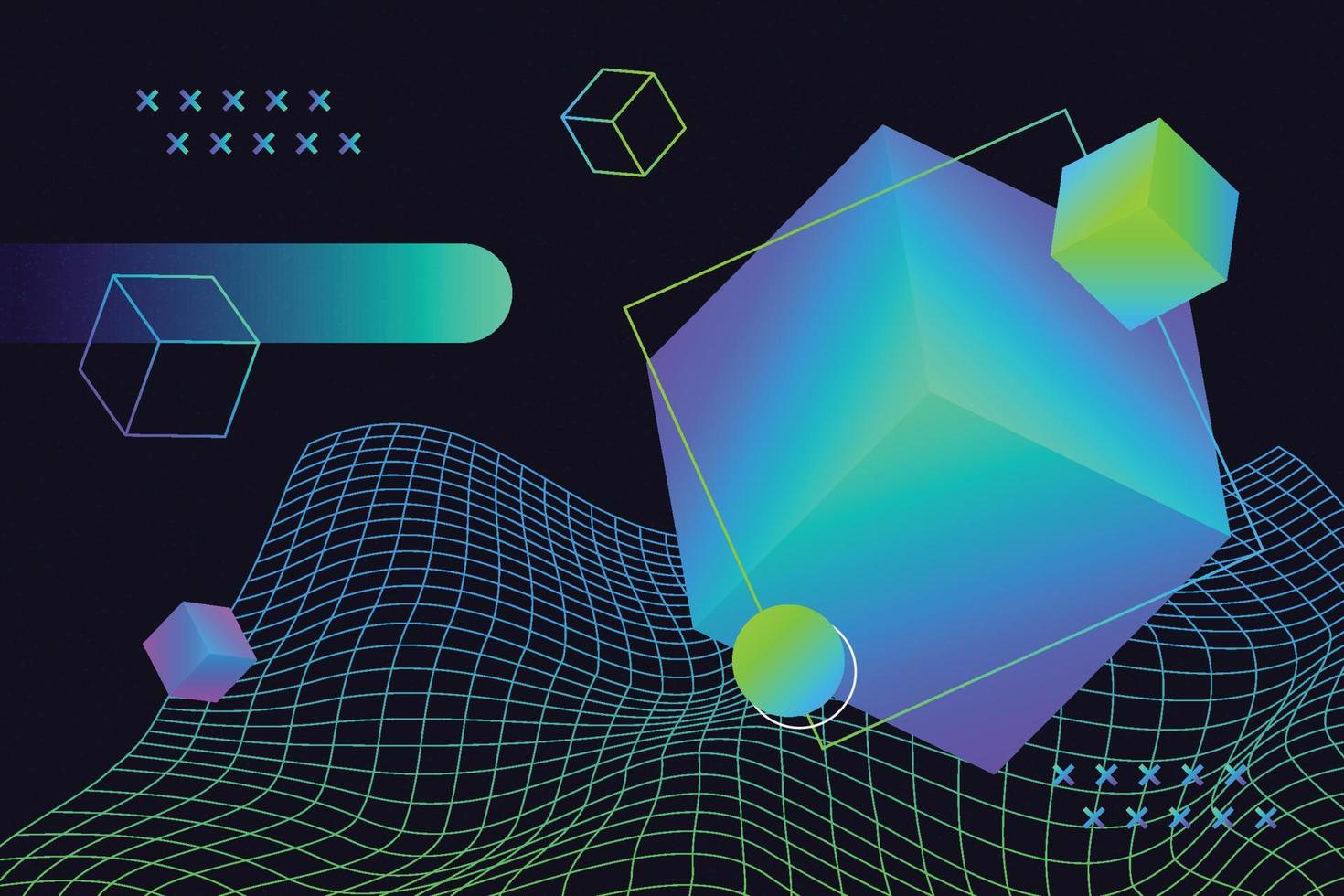 cubes isométriques 3d vectoriels abstraits en apesanteur sur un fond de grille ondulée dans un style futuriste. composition de forme géométrique à gradient liquide tendance et vive vecteur