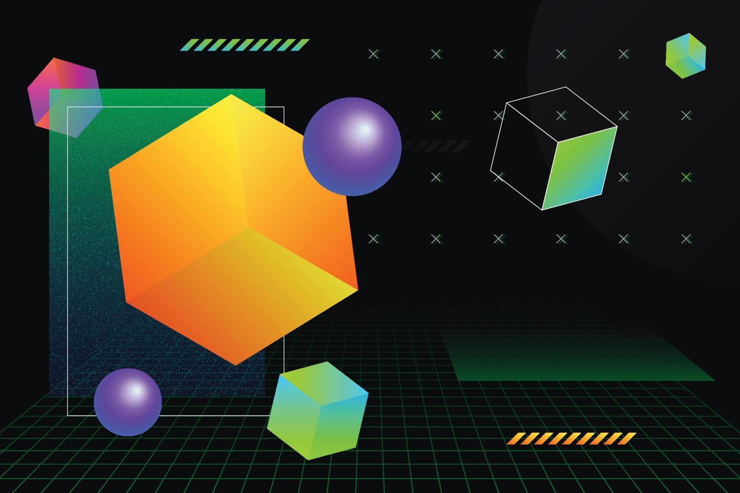 composition décorative abstraite de formes géométriques. cubes et boules isométriques à gradient de liquide brillant illustration de fond de vecteur 2d dans la technologie et le style futuriste