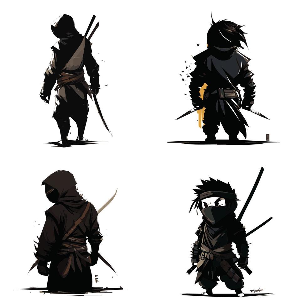 ensemble d'illustration vectorielle plane de personnage de dessin animé ninja. personnage de dessin animé mignon ninja avec épée vecteur