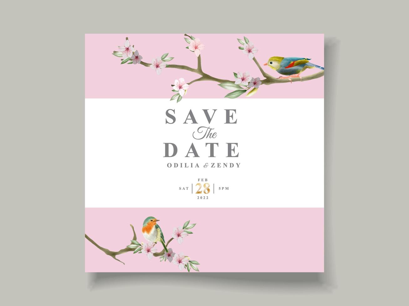 beau et élégant floral avec modèle de carte d'invitation de mariage aquarelle oiseau vecteur