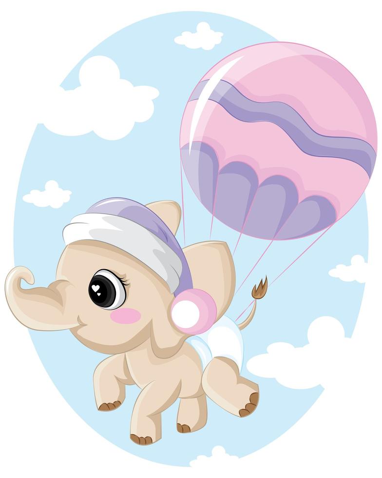 éléphant mignon volant sur un ballon bleu. élément graphique pour livre pour enfants, album, album, carte postale, invitation, jeu mobile. illustration stock de vecteur plat isolé sur fond blanc.