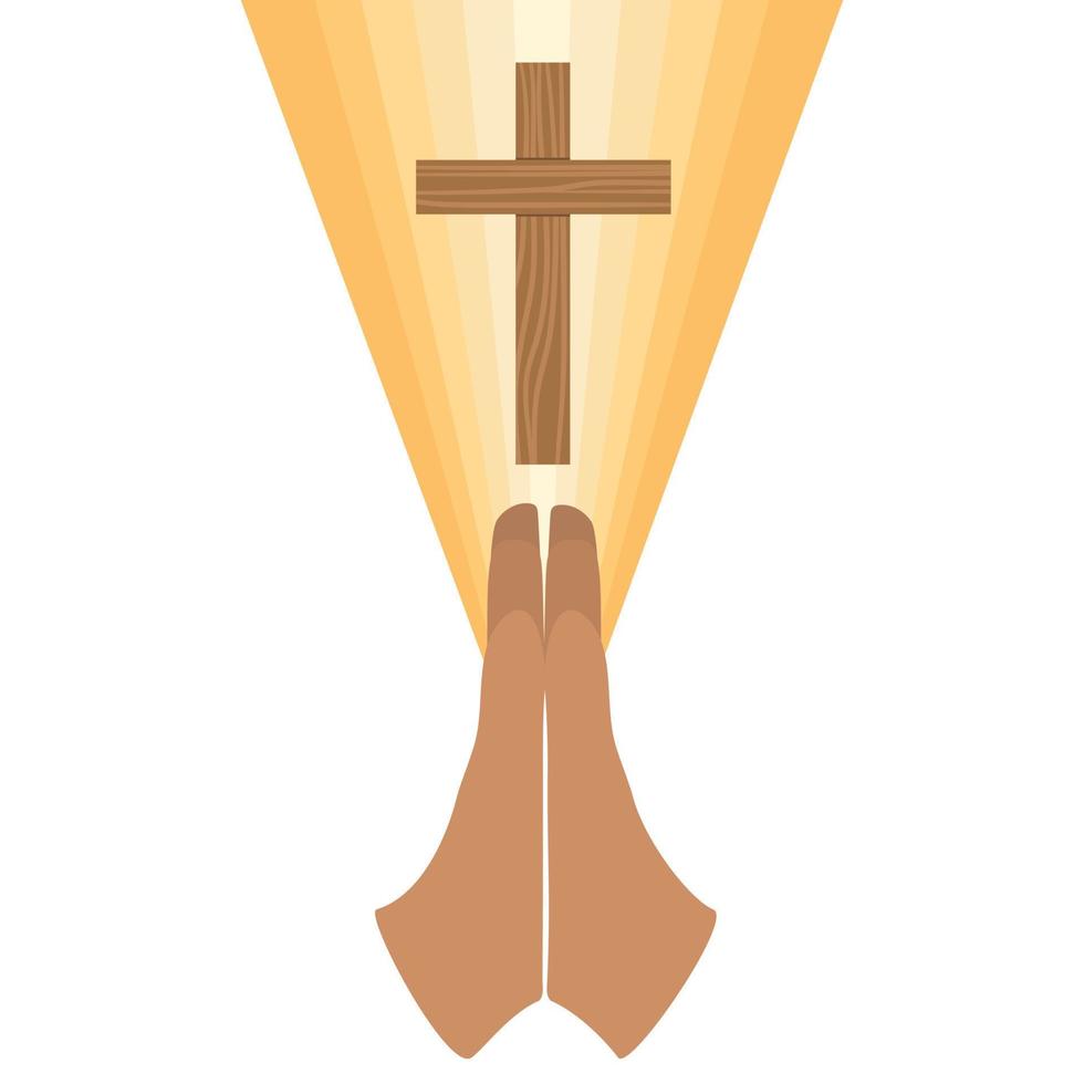 deux mains prient avec une croix chrétienne et de la lumière. notion de religion. illustration vectorielle. vecteur
