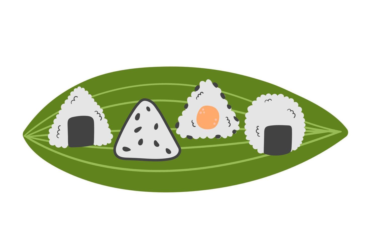 ensemble d'onigiri traditionnels sur feuille verte. sushi set d'icônes dans un style plat doodle. vecteur