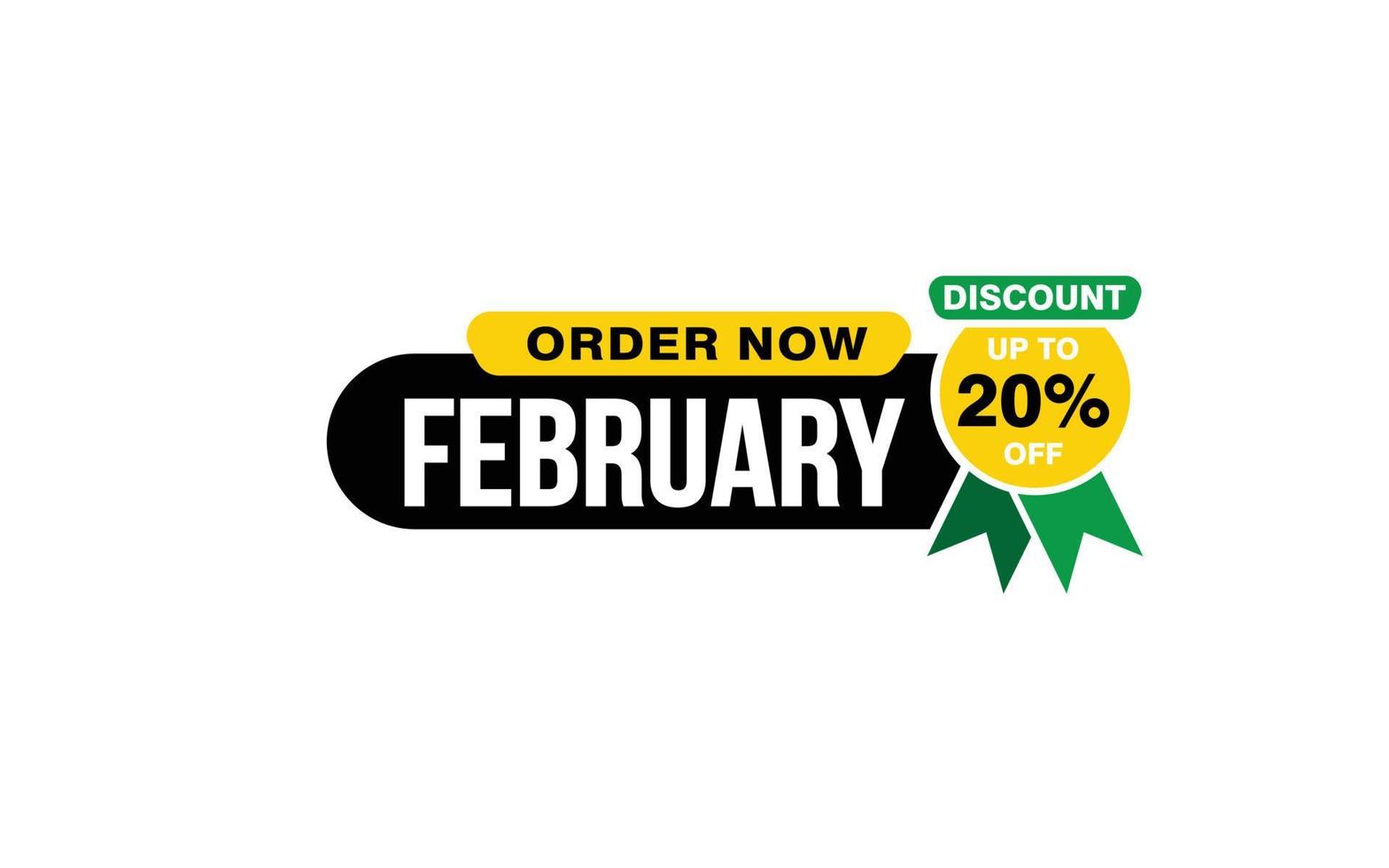 Offre de réduction de 20 % en février, dédouanement, mise en page de la bannière de promotion avec style d'autocollant. vecteur