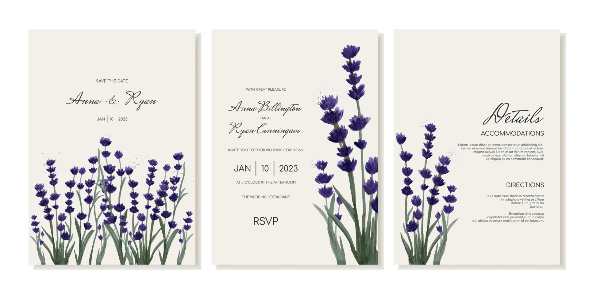 ensemble de modèles d'invitation de mariage dans un style minimaliste délicat avec des fleurs violettes de champ. vecteur