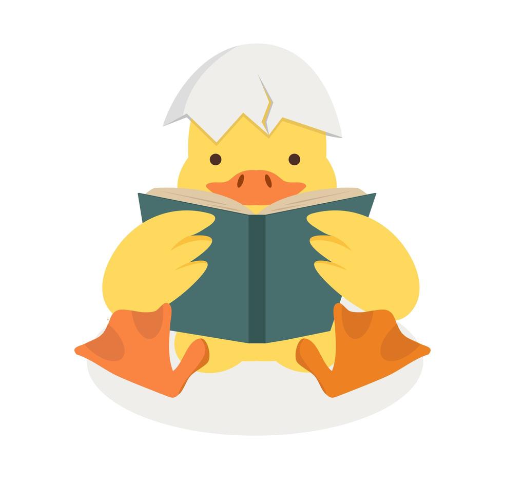 Canard lisant un livre avec une coquille d'oeuf cassée vecteur
