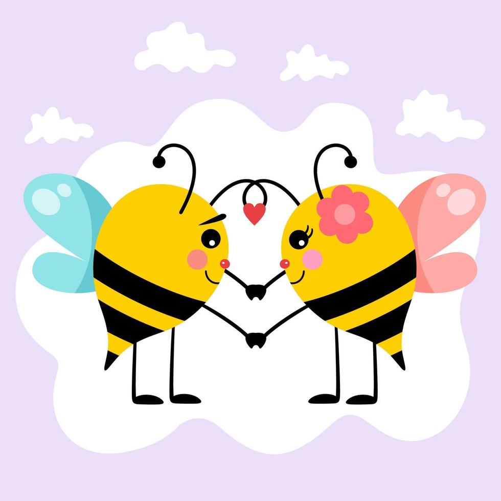 carte de saint valentin avec un adorable couple d'abeilles amoureuses vecteur