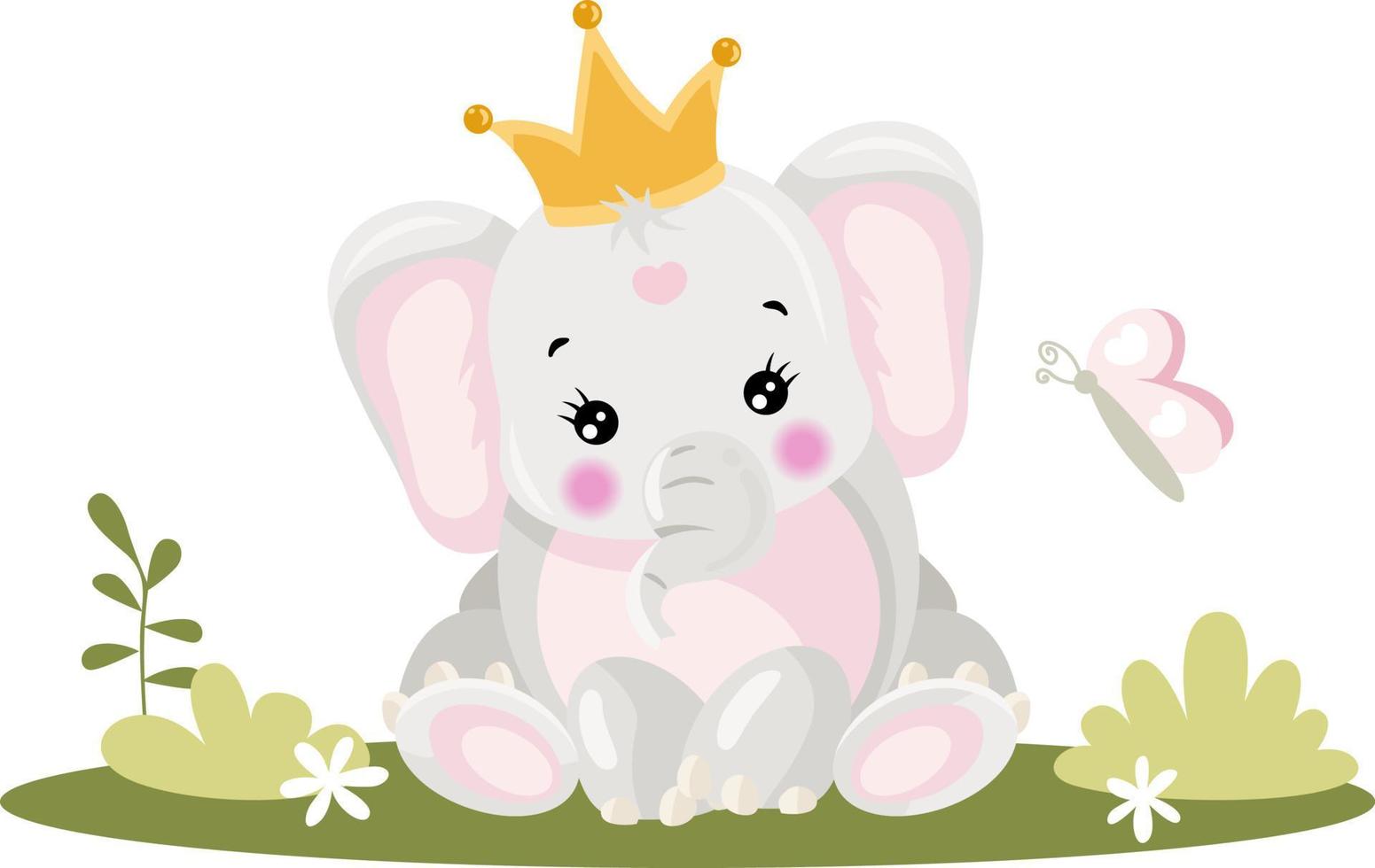bébé éléphant rose avec couronne dans le jardin vecteur