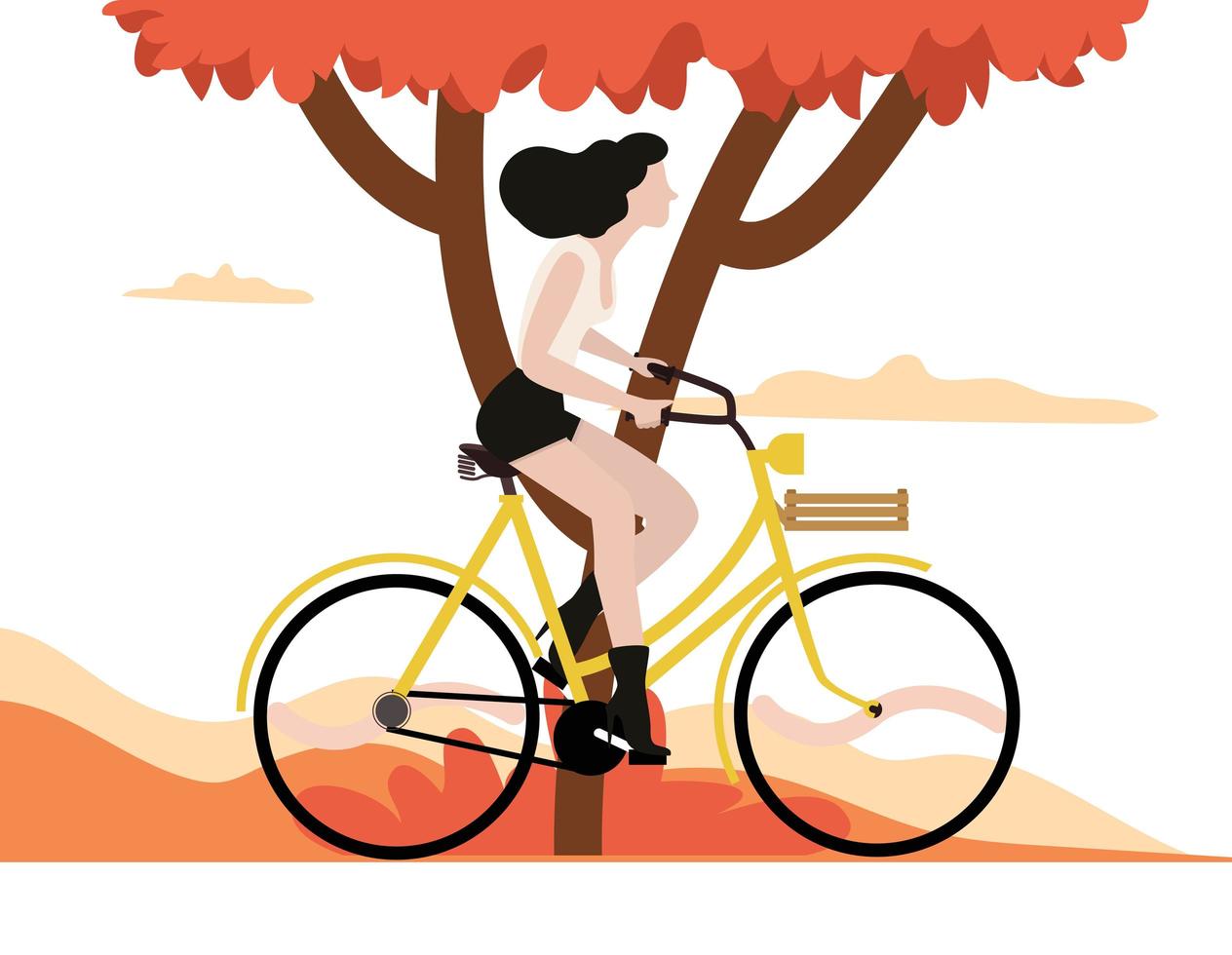 femme, bicyclette, à, arbre automne vecteur