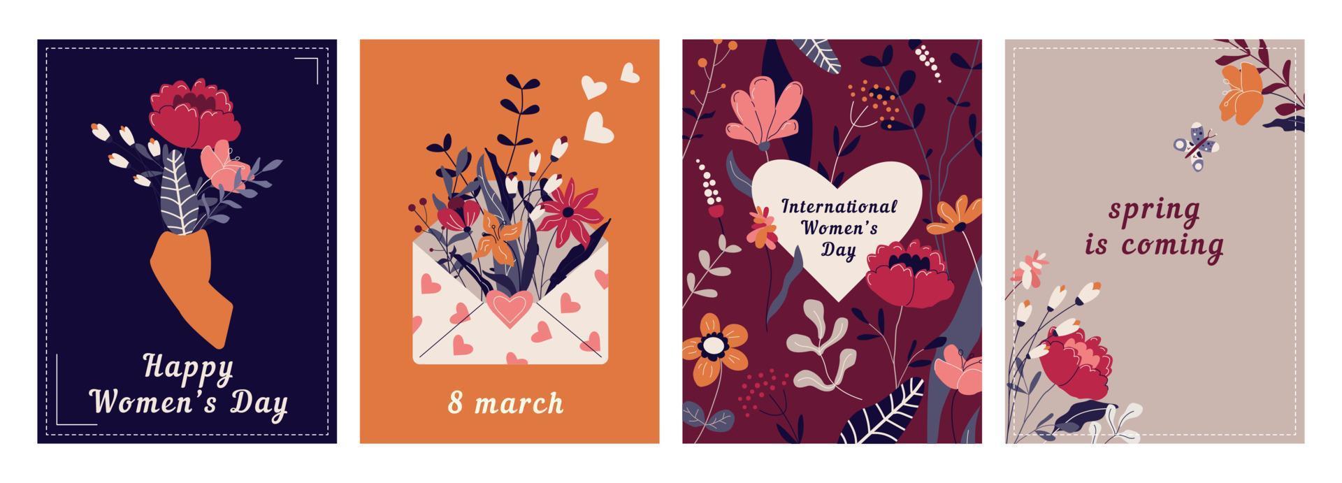 ensemble de cartes de voeux de bonne fête des femmes. cartes postales de vacances du 8 mars avec des fleurs de dessin animé de printemps, des cadeaux. modèles de floraison festive pour affiche, invitation, flyer. conception de vecteur