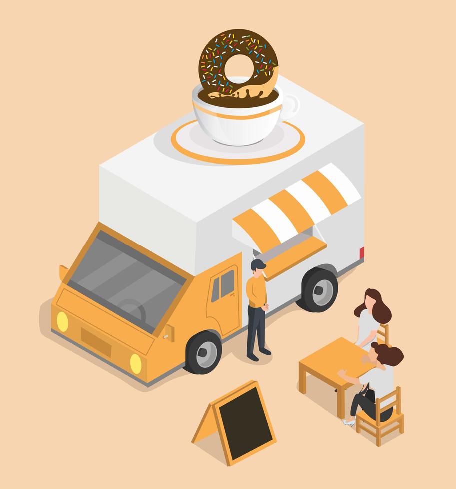 concept isométrique de camion de nourriture donut van vecteur