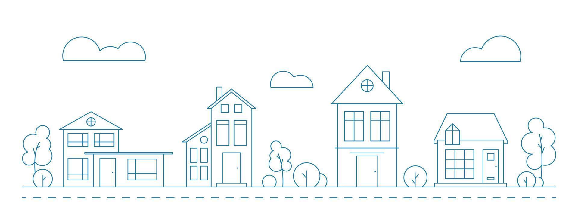 illustration d'art de ligne de quartier avec des maisons. paysage urbain avec des bâtiments résidentiels bleus. vecteur