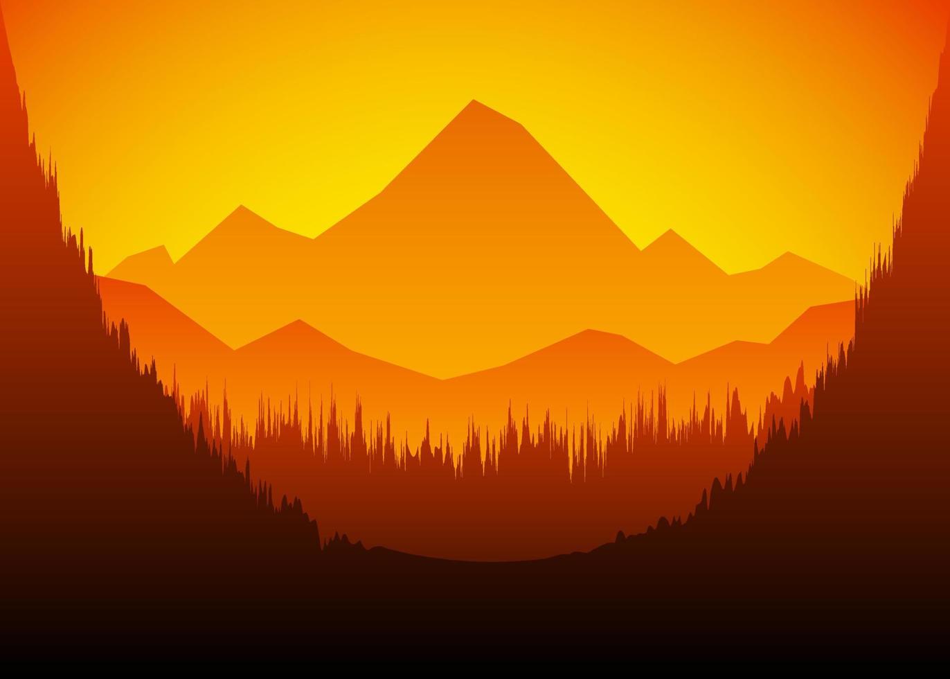 beau paysage de dessin animé immense montagne avec coucher de soleil couleur orange vecteur