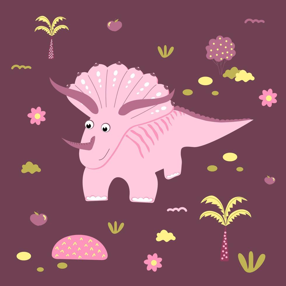 mignon dinosaure rose dessiné dans le style des enfants avec des éléments décoratifs. triceratops pour l'impression sur les choses des enfants. style de dessin vectoriel à la mode