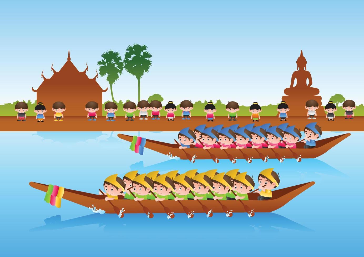 longue course de bateaux, style de dessin animé coloré, sport et festival asiatique, autour de la nature et du style campagnard, illustration vectorielle vecteur