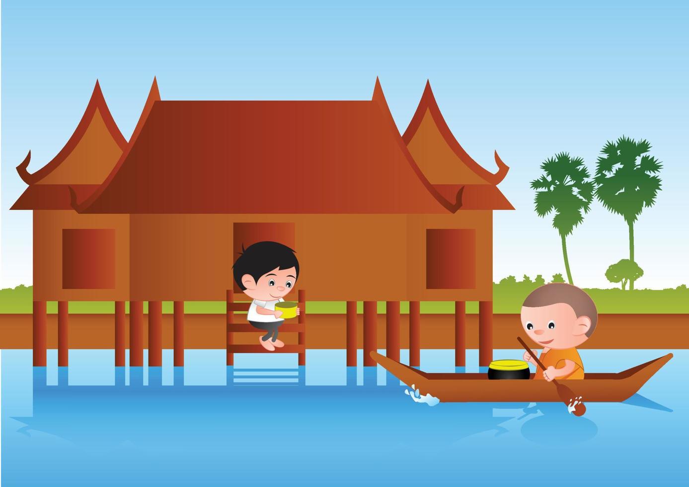 Caricature d'homme à tête de grosse bulle donner de la nourriture au moine sur le bateau, autour avec une scène de nature de style de vie rurale, illustration vectorielle colorée vecteur
