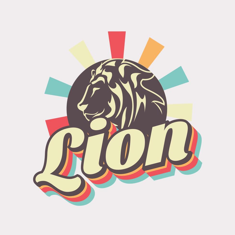 logo rétro lion en forme de soleil, parfait avec chemise à logo, animal d'agence, zoo, éducation vecteur