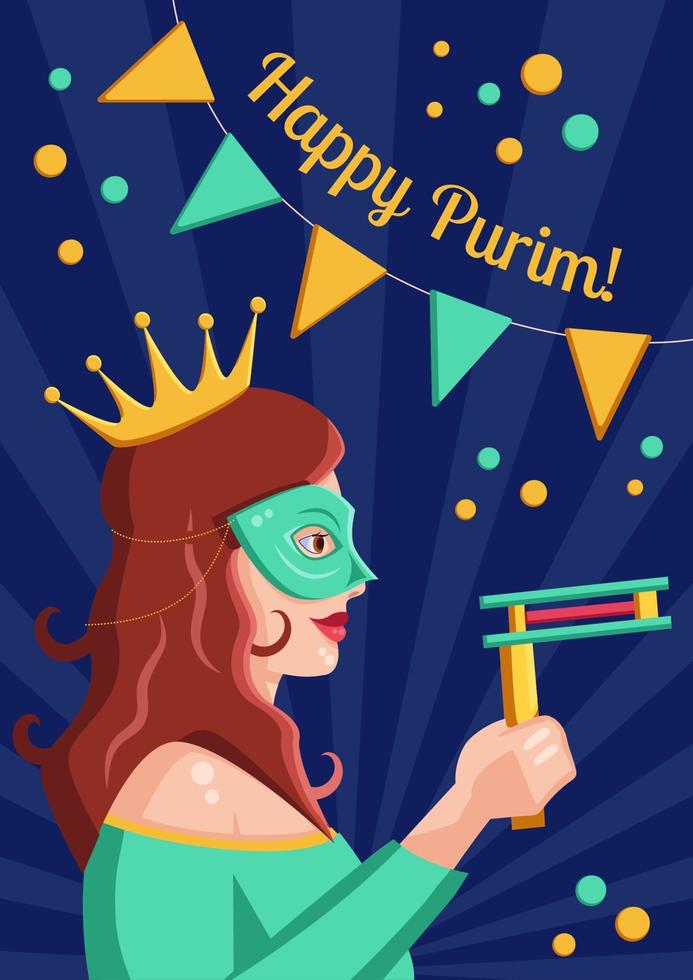 dame dans le masque de carnaval et costume sur la fête juive de purim, bannière vectorielle, affiche, invitation et carte de voeux. vecteur