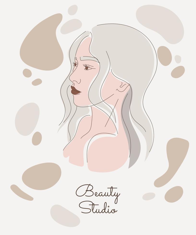 visage de femme dans un style artistique branché. dessin au trait dans un modèle de bannière de style élégant. belle illustration vectorielle de contour de visage féminin. soins de la peau maquillage. notion de spa. éléments abstraits de vague. couleurs nude. vecteur