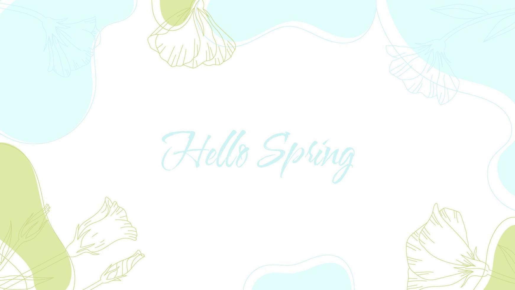 Bonjour Printemps. arrière-plan abstrait tendance avec des formes fluides et un élément floral dans des couleurs vert pastel, bleu. vague de ligne moderne pour présentation, affiche, blog, papier peint, mariage. illustration vectorielle. vecteur