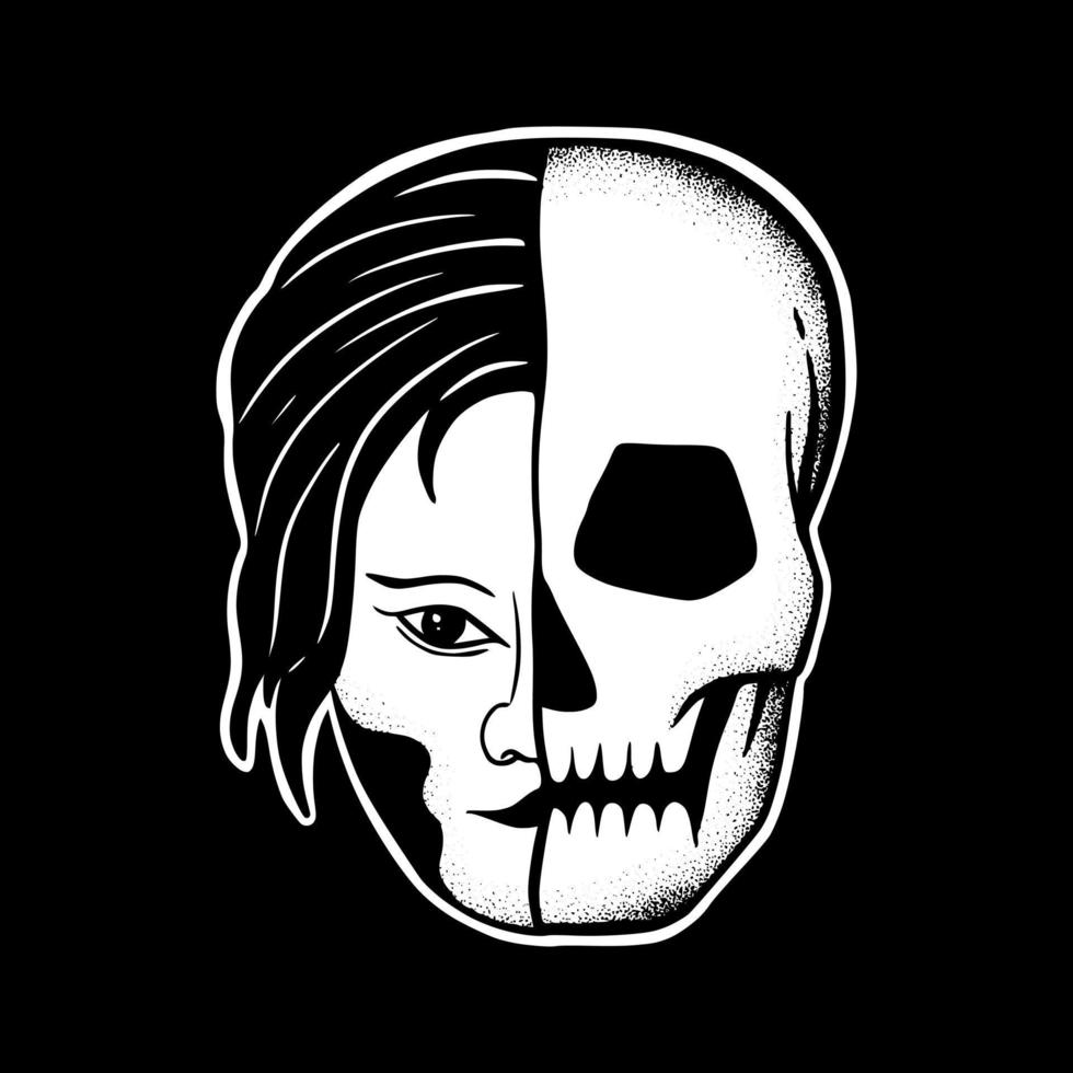 crâne fille art illustration vecteur noir et blanc dessiné à la main pour le tatouage, l'autocollant, le logo etc.