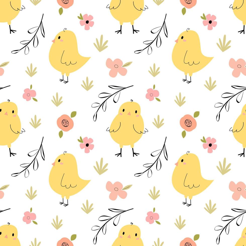 modèle vectoriel sans couture avec des lapins mignons avec des éléments floraux.adorable ornement enfantin sans fin avec des poussins, des fleurs et des feuilles.