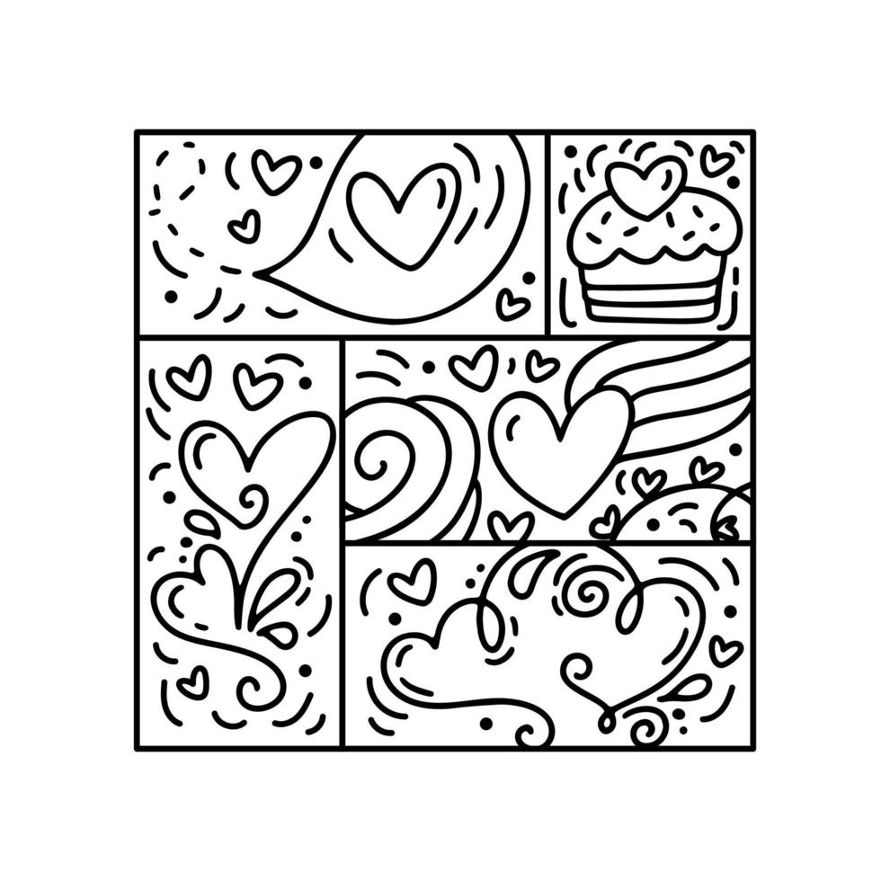 vecteur valentines logo composition coeurs, gâteau, abstrait. aime le texte manuscrit. constructeur monoline dessiné à la main dans un cadre carré pour carte de voeux