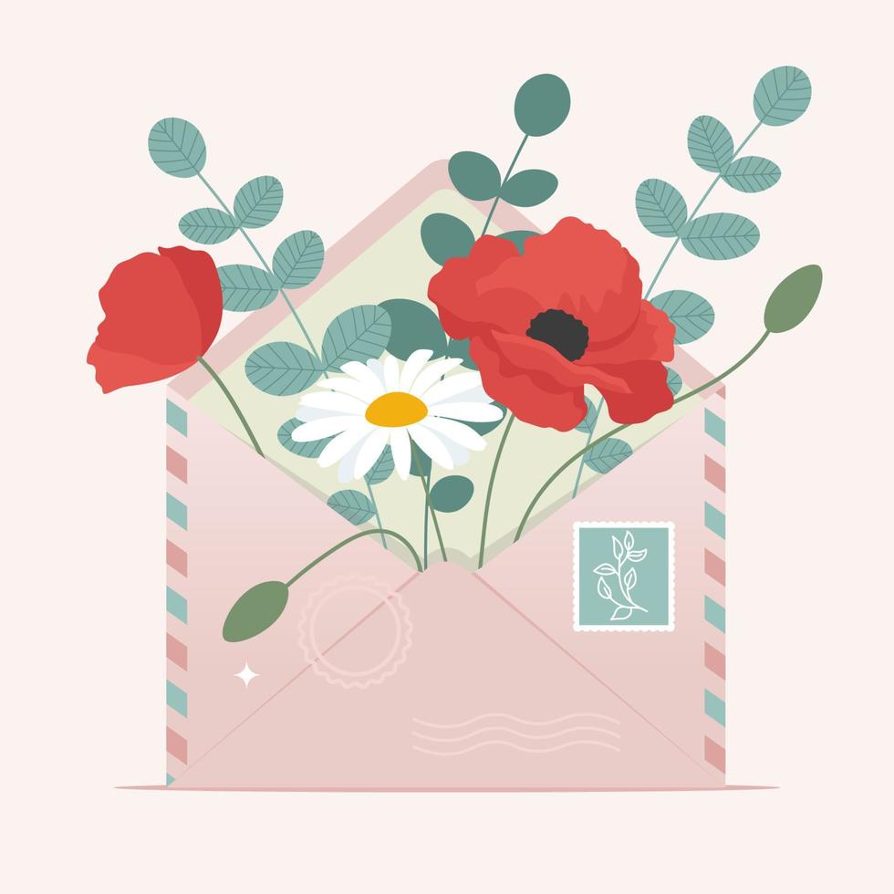 fleurs de printemps dans une enveloppe. illustration vectorielle mignonne dans un style plat, modèle de carte de voeux, affiche, bannière vecteur