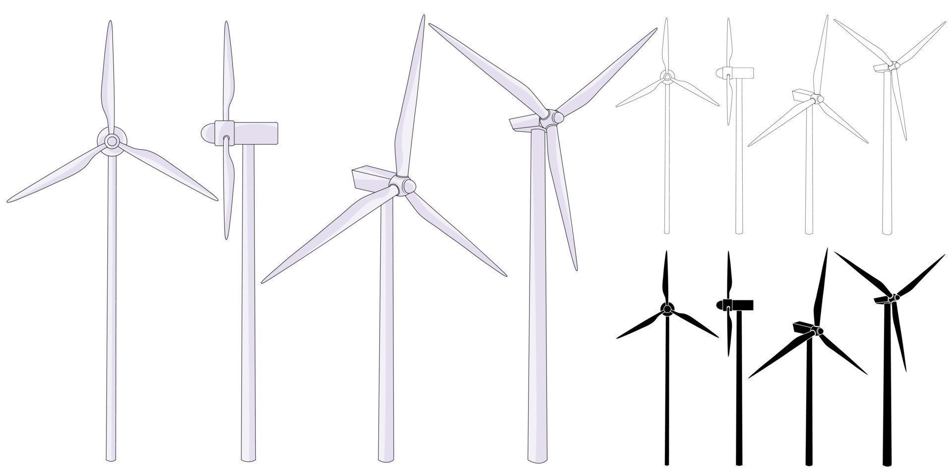 parc éolien. illustration d'une tour de générateur de centrale éolienne propre. production d'énergie éolienne. illustration de contour. collection de conception d'icônes d'éoliennes. vecteur