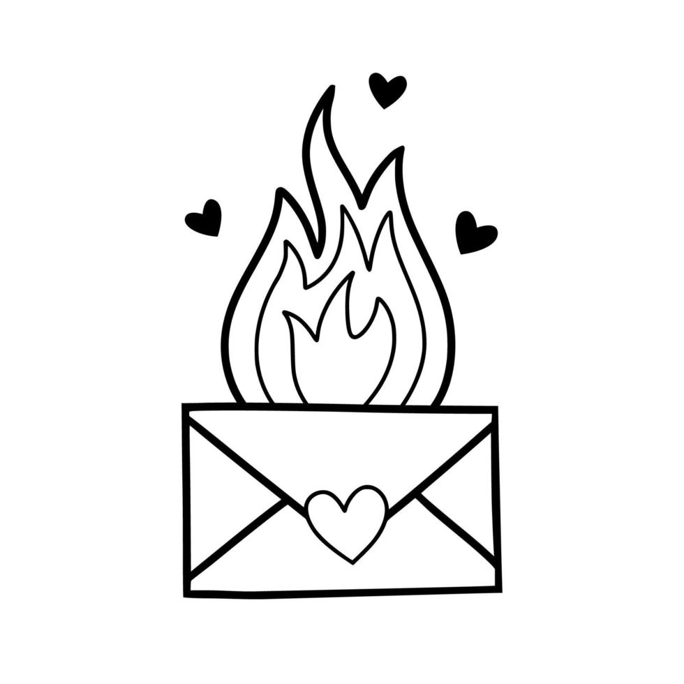 valentine romantique avec une lettre d'amour et une flamme. symbole de l'amour chaud. élément de conception de style doodle pour la saint valentin le 14 février. vecteur. vecteur