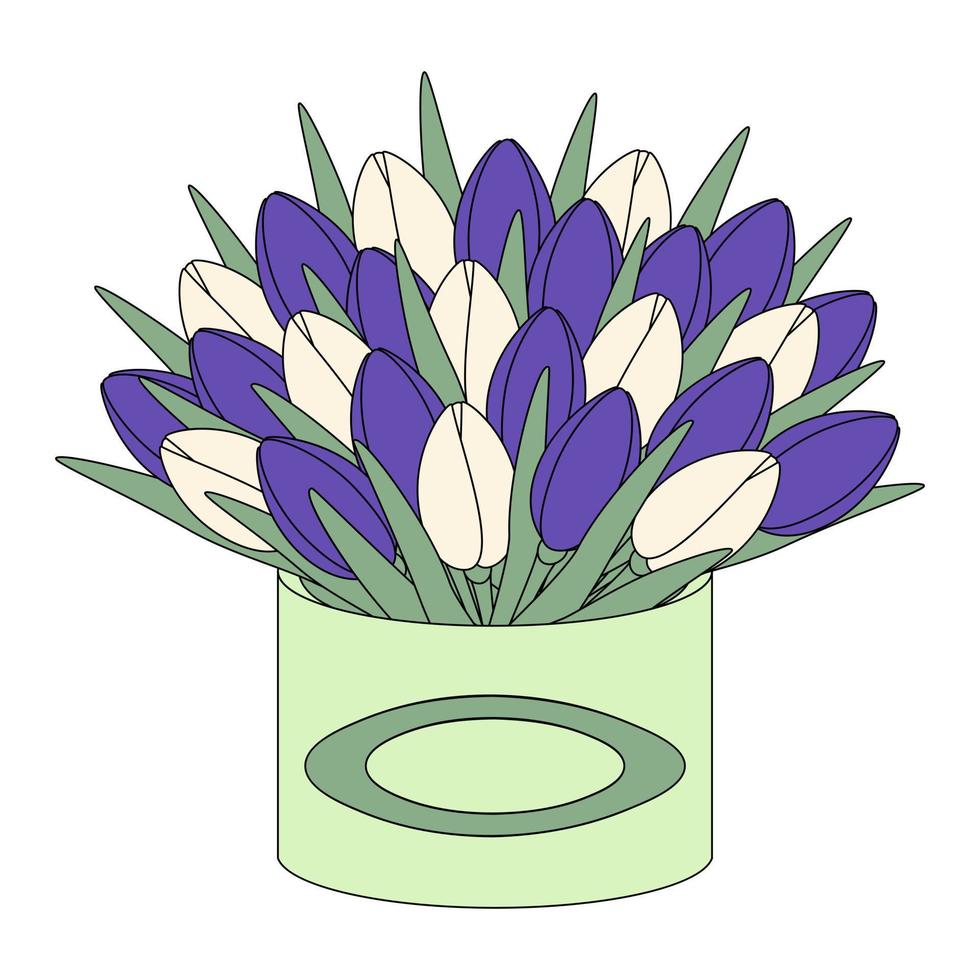 un énorme bouquet coloré de tulipes en fleurs dans une boîte circulaire dans un style plat de dessin animé dans des tons tendance. vecteur