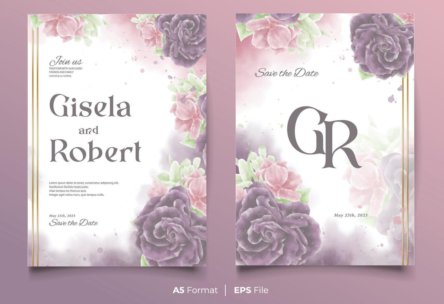 modèle d'invitation de mariage aquarelle avec ornement fleur violet et rose vecteur