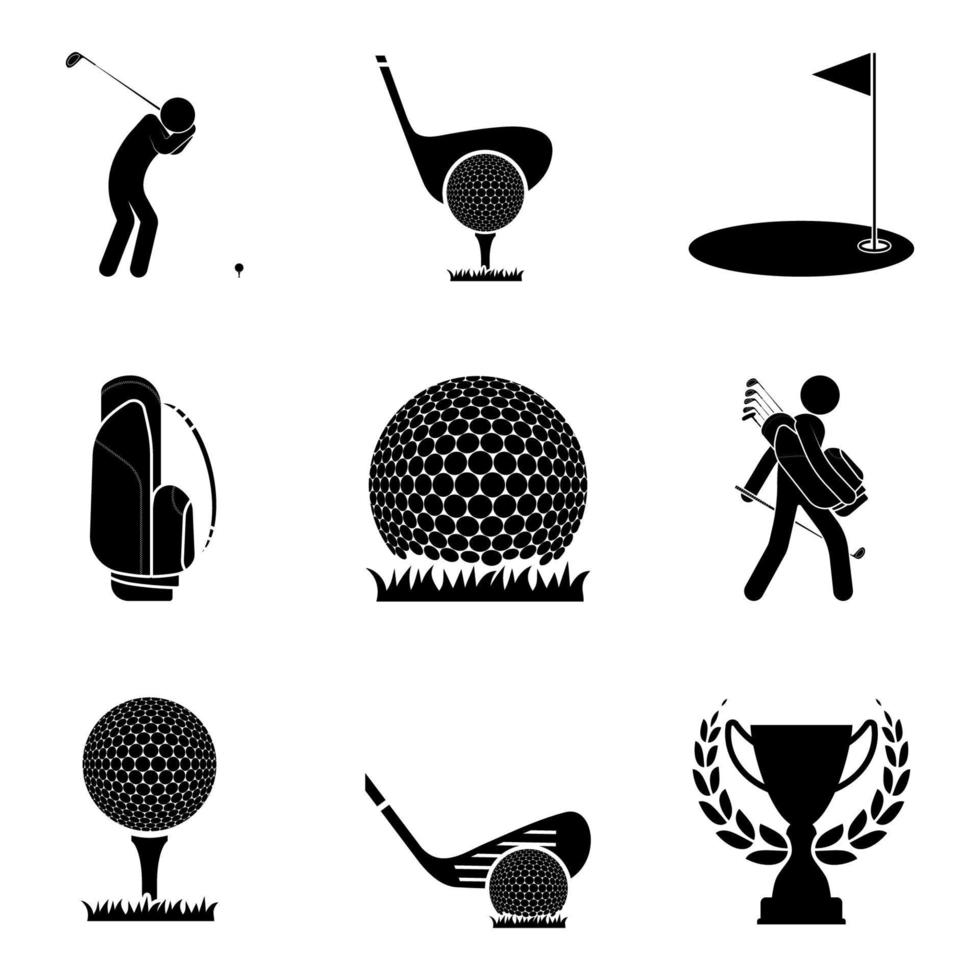 ensemble d'icônes de golf. balle, coupe, athlète, parcours de golf avec drapeau, sac de sport. mode de vie actif. vecteur isolé sur fond blanc