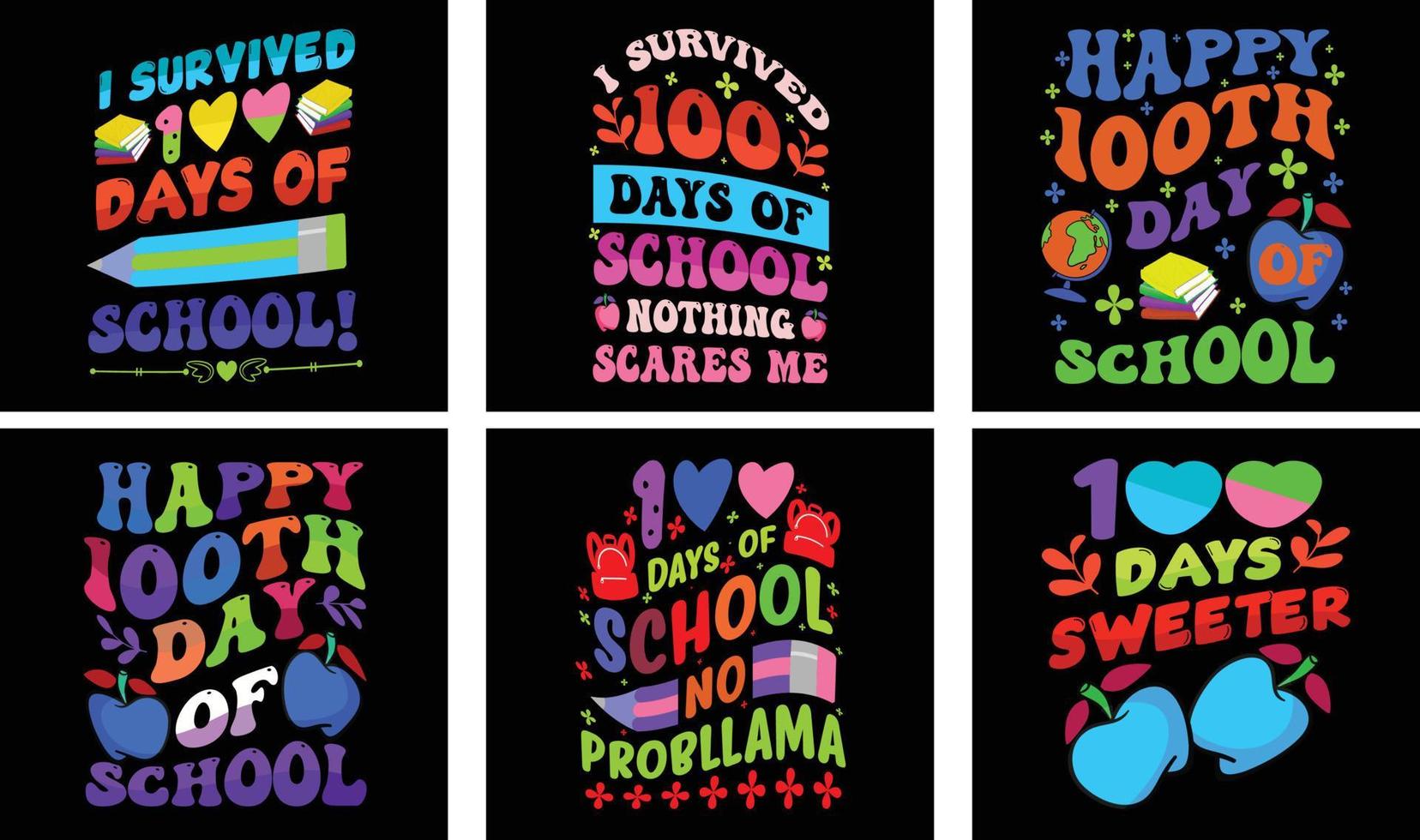 100 jours d'ensemble de conception de t-shirts scolaires. 100 jours de vecteur scolaire. conception de t-shirt de typographie.