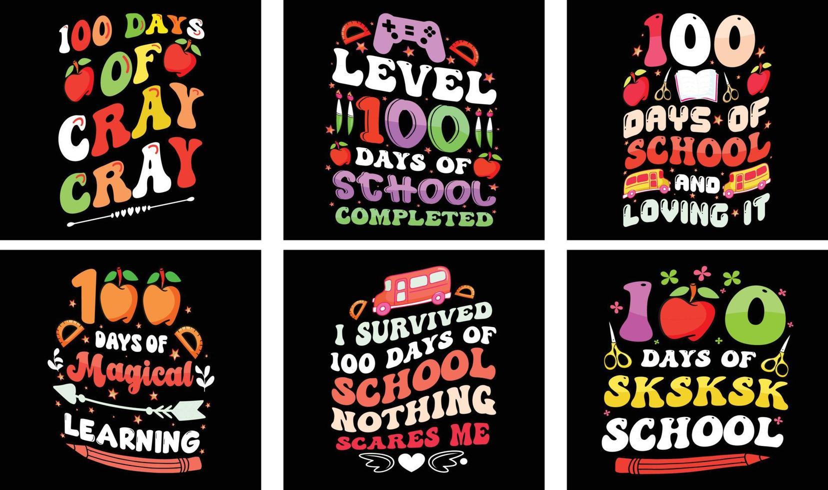 100 jours d'ensemble de conception de t-shirts scolaires. 100 jours de vecteur scolaire. conception de t-shirt de typographie.