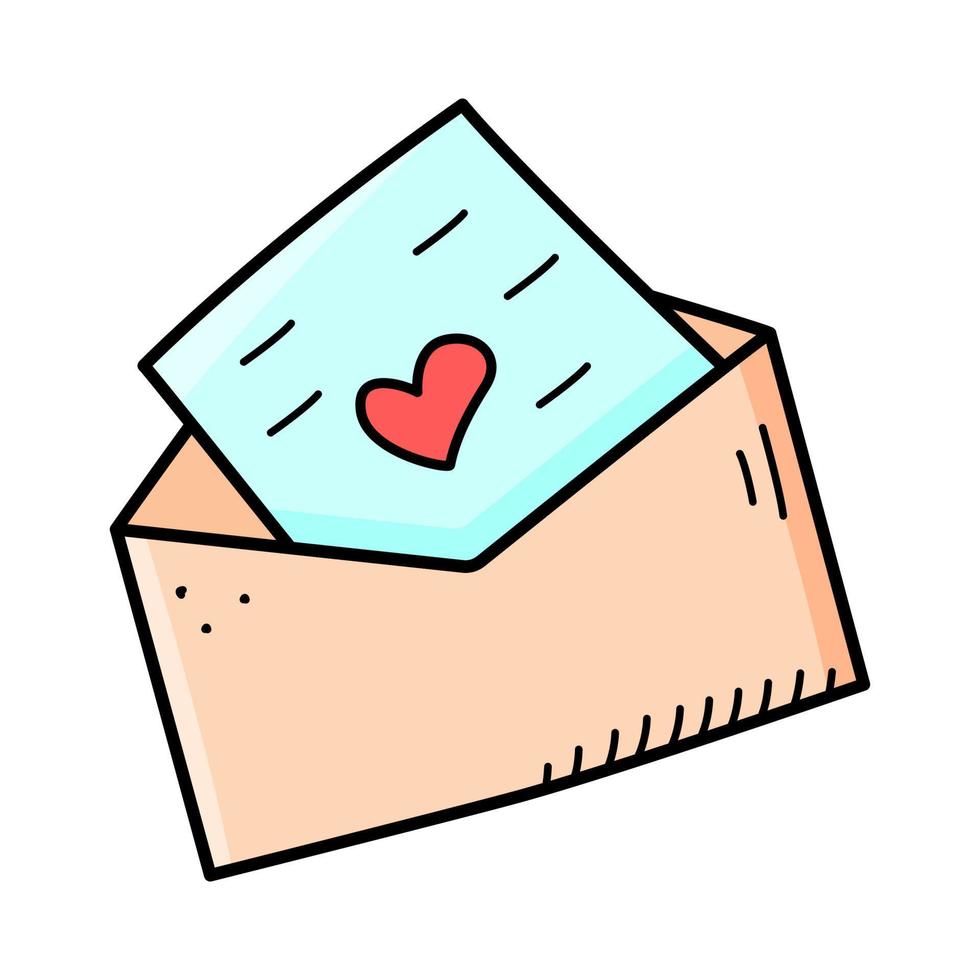 enveloppe avec un coeur de carte de voeux, illustration vectorielle doodle, saint valentin, romance de style, déclaration d'amour. vecteur