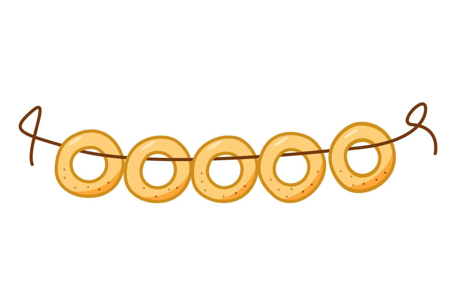 des bagels aux coquelicots sont suspendus à une corde. illustration vectorielle doodle de bublik sec, biscuits russes traditionnels. vecteur
