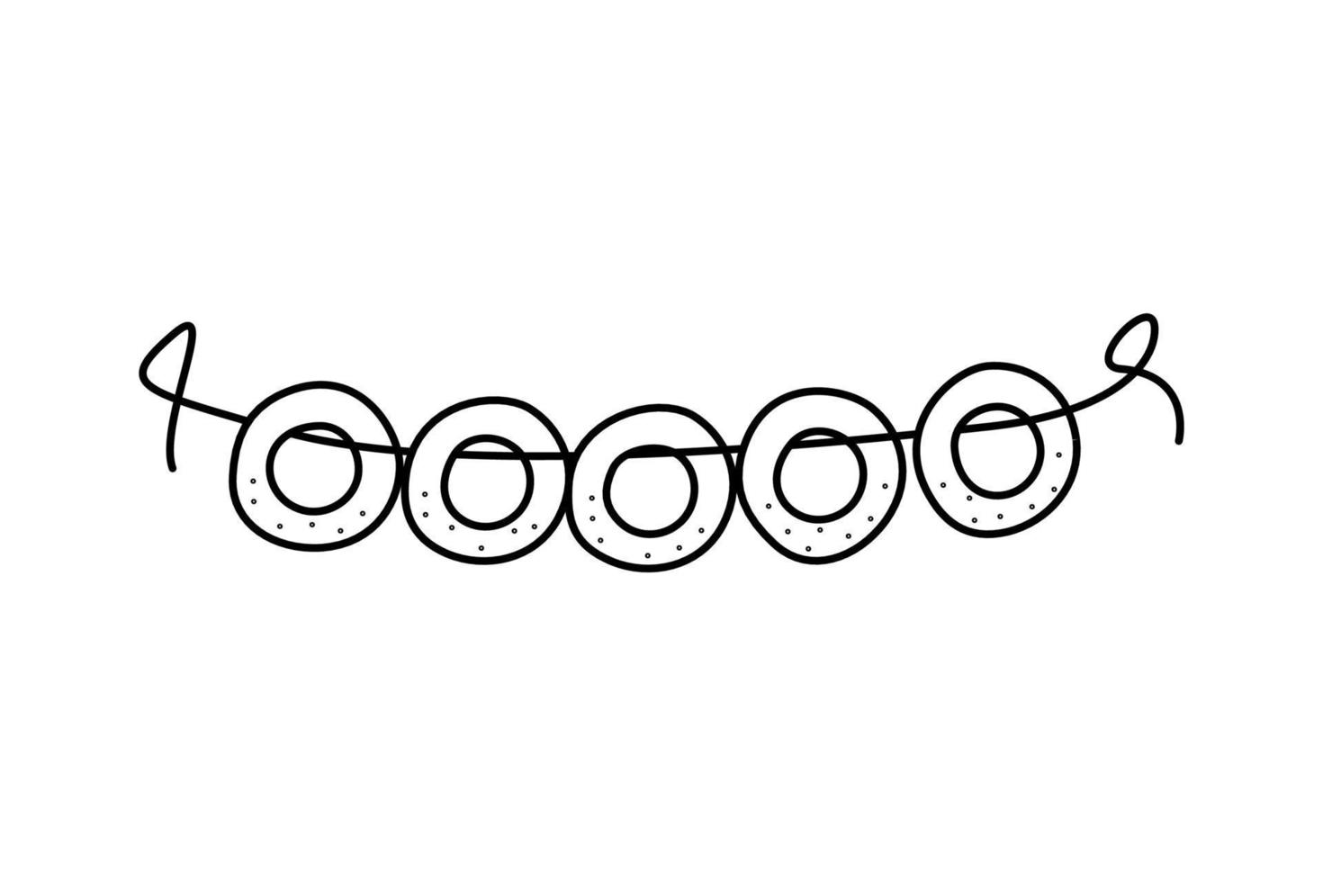 des bagels aux coquelicots sont suspendus à une corde. illustration vectorielle doodle de bublik sec, biscuits russes traditionnels. vecteur