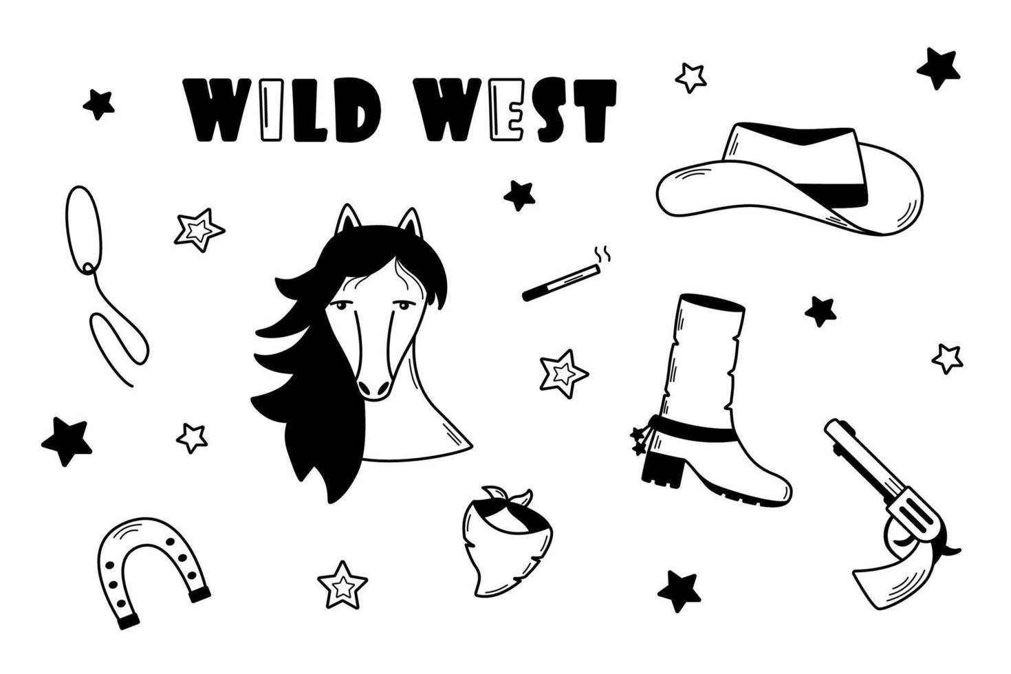ensemble d'illustrations vectorielles de l'ouest sauvage. éléments occidentaux de cow-boy de doodle. tête de cheval, fer à cheval, pistolet, lasso, bottes et chapeau vecteur