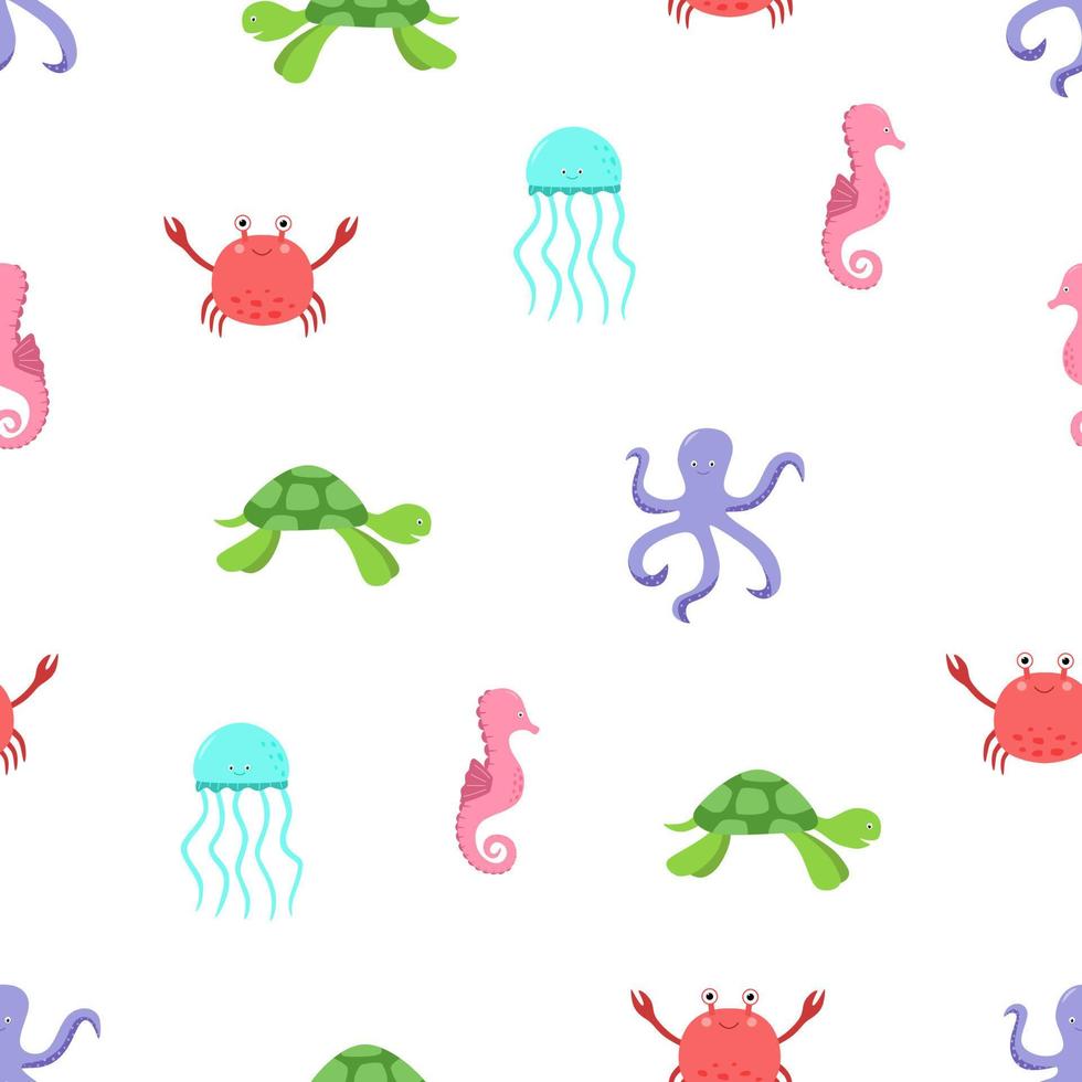 modèle sans couture d'animaux marins de dessin animé. fond d'écran d'illustration vectorielle, méduses mignonnes de crabe de poulpe de tortue. vecteur