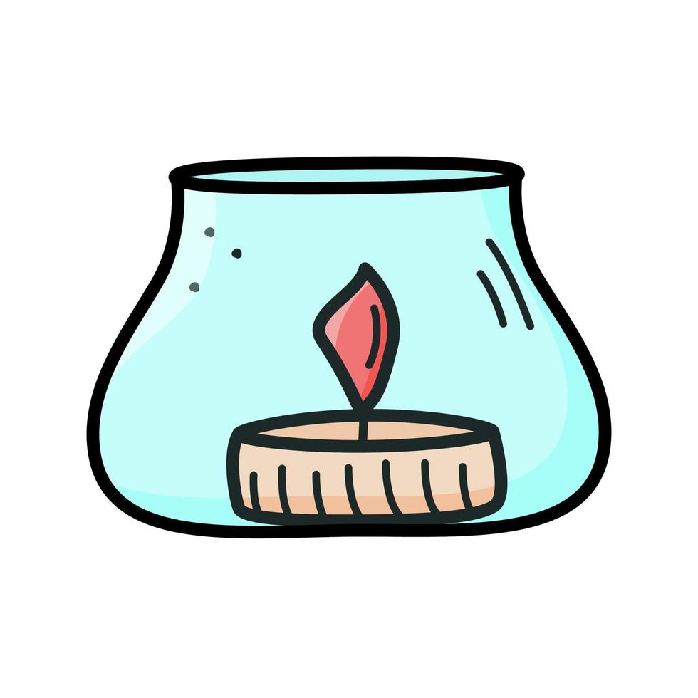 bougie allumée dans l'icône du chandelier, illustration vectorielle doodle d'une bougie de cire avec une mèche. vecteur