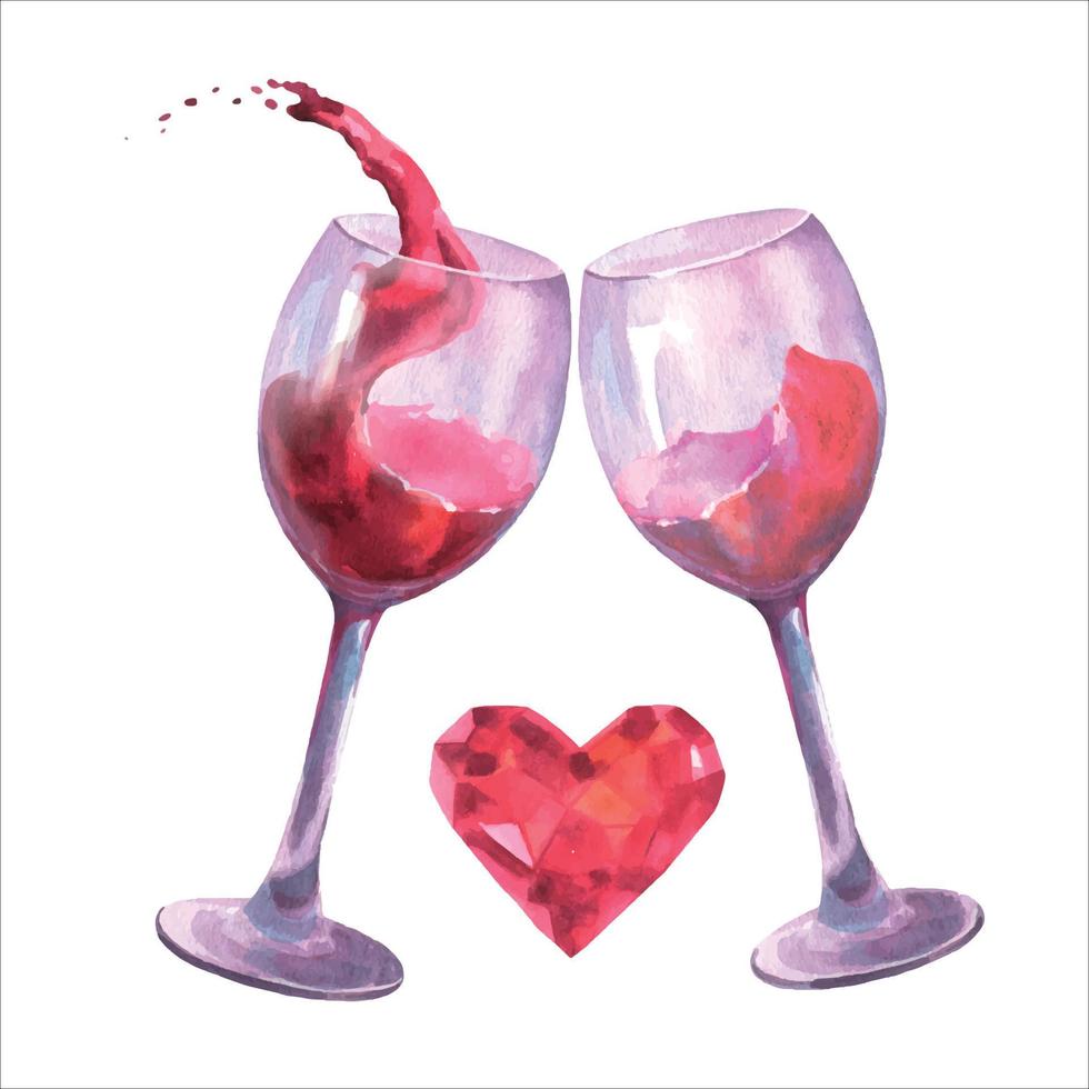 illustration aquarelle deux verres avec éclaboussures de vin rouge avec cristal de diamant coeur en pierre précieuse de couleur rose, isolé sur fond blanc. pour la saint valentin, les cartes de fête des mères, les cadeaux, le design. vecteur