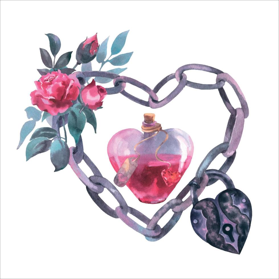 illustration à l'aquarelle chaîne en forme de coeur gris dessiné à la main avec des fleurs, serrure et élixir dans une bouteille en forme de coeur avec étiquette. vecteur
